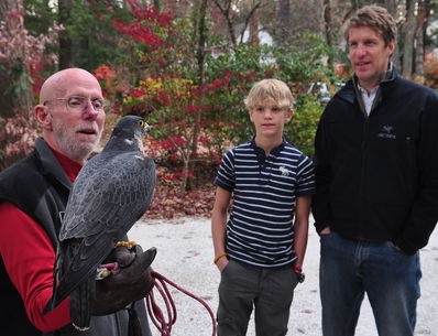 Steve Longenecker showing Sage, the Peregrine Falcon, to Matt and Ellison Smith at the Asheville Movies on 11-13-11